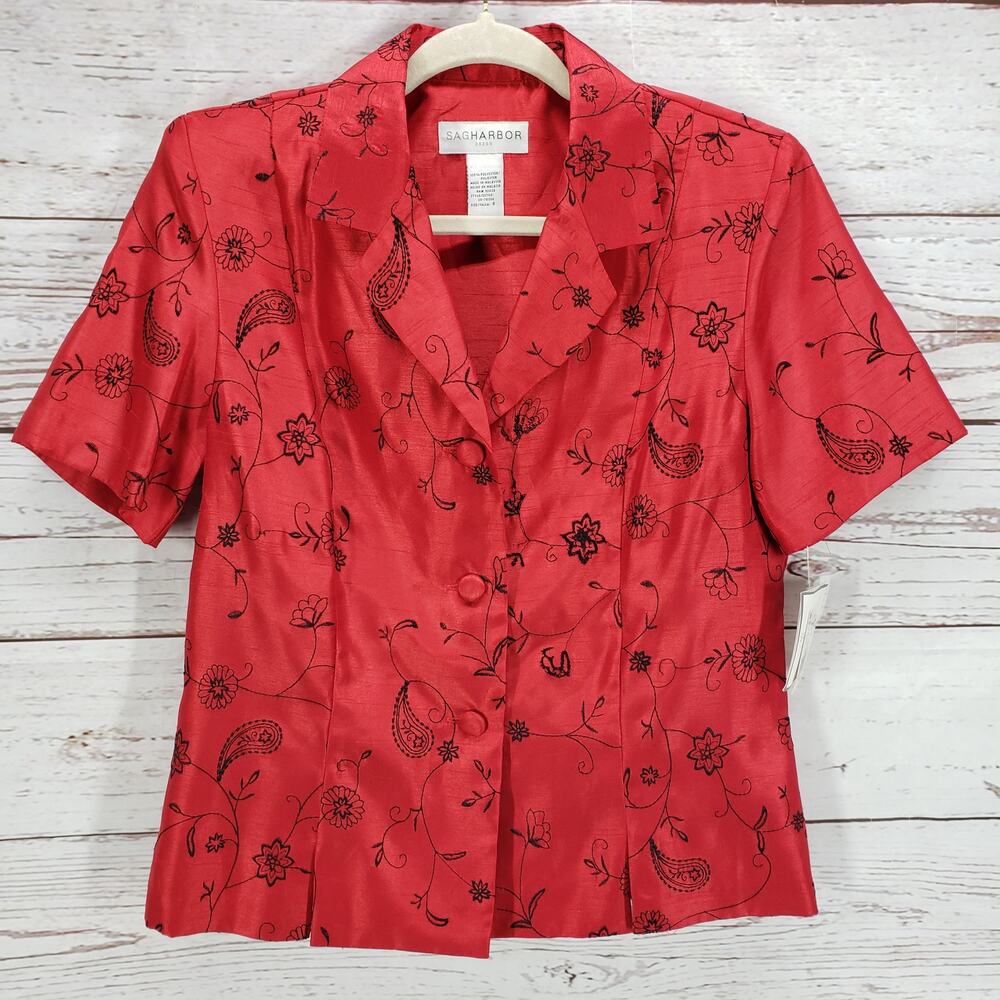 Sag Habor New Women's Red Floral Embroidered Blazer Jacket Size 8
